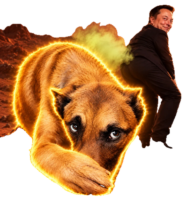 A dog on Mars covering its nose with one paw while Elon, in a black suit, looks back over his shoulder beside a green cloud